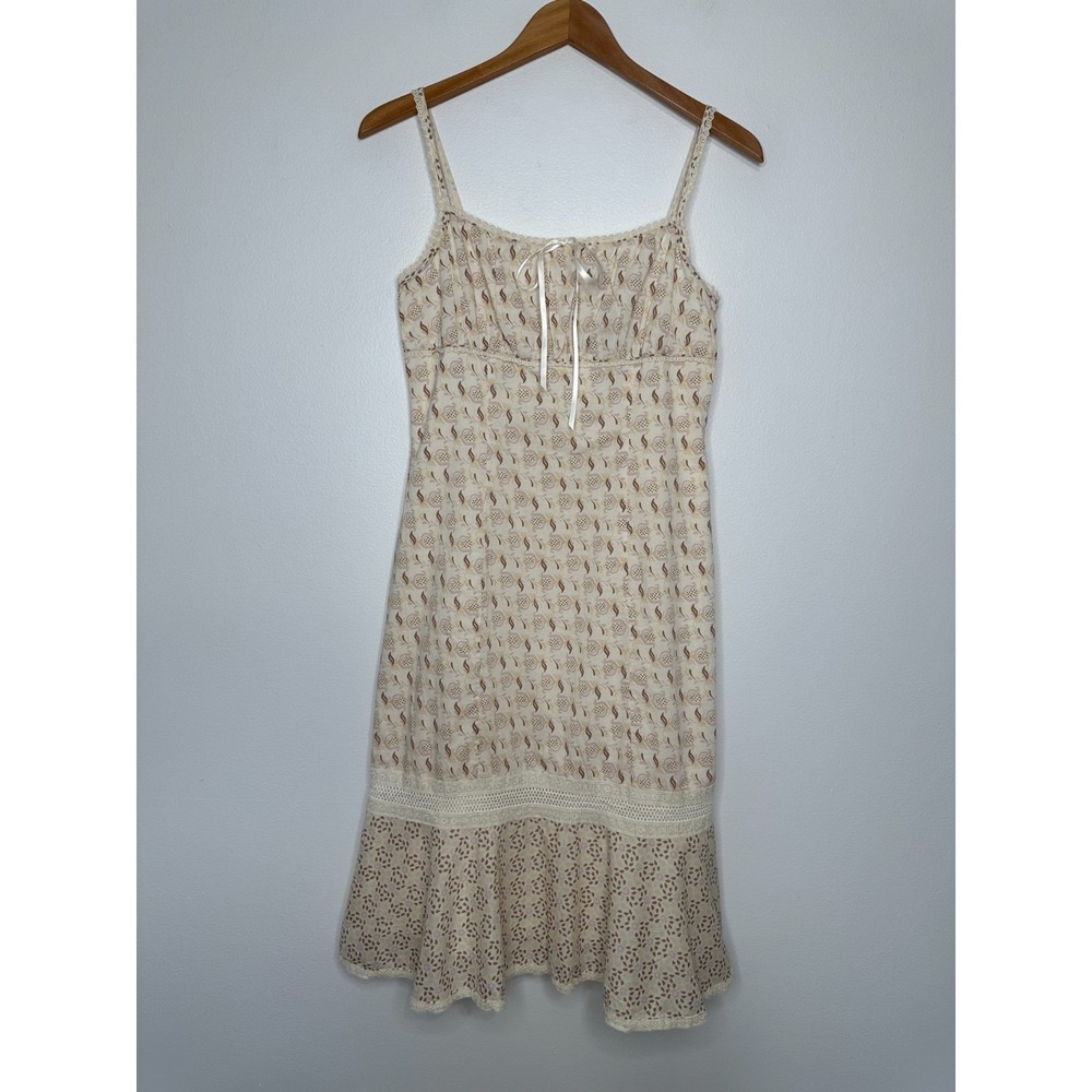 Vtg Express Y2K Babydoll Midi Dress 7 8 Cream Lace Floral Cottagecore